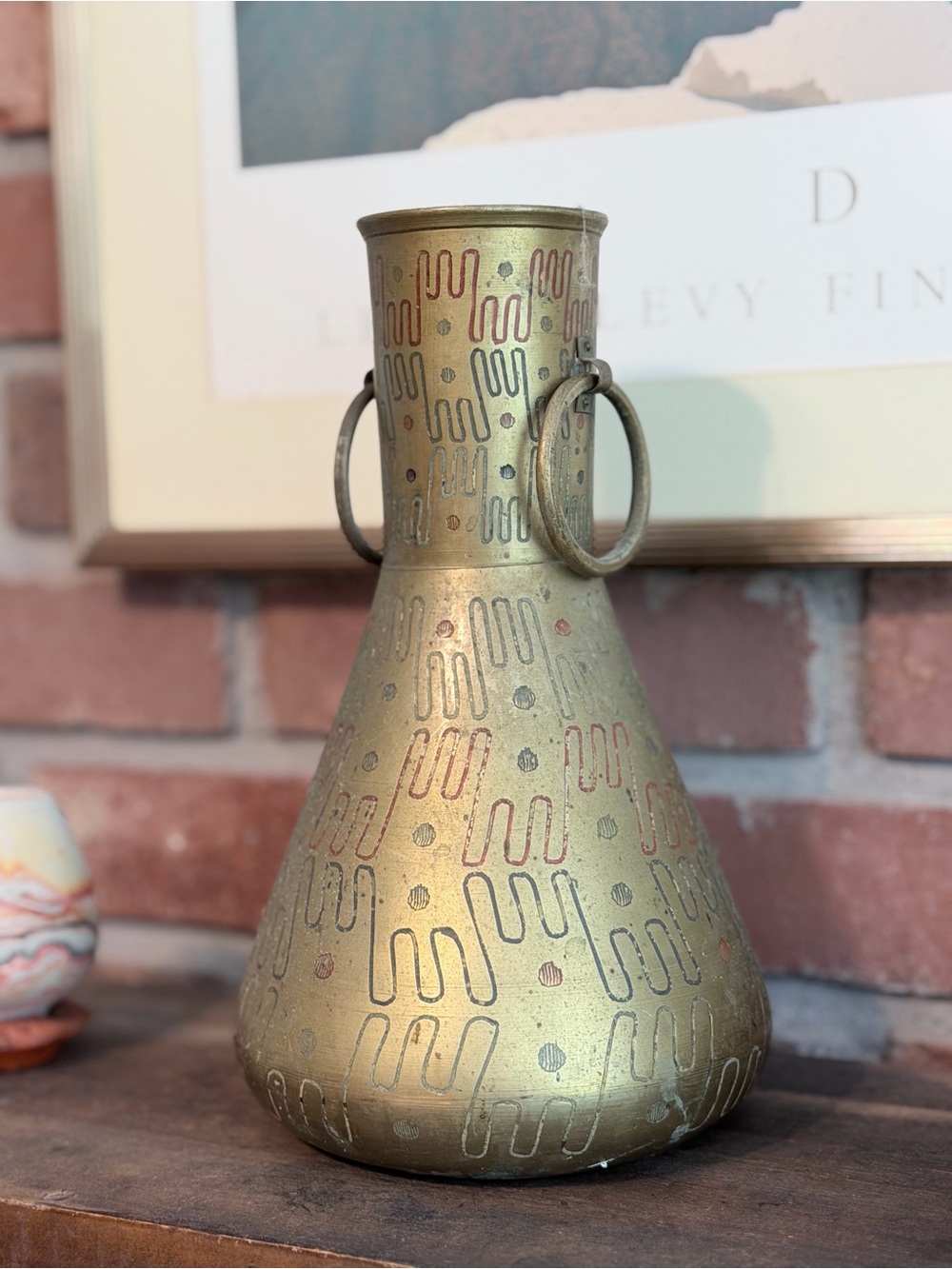 Vintage Indian Solid Brass Modernist Vase with Etched Design MCM Mod Century
